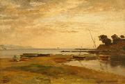 Albert Hertel Coastline at low tide in the evening light. Resting in the foreground dry sailing boats Germany oil painting artist